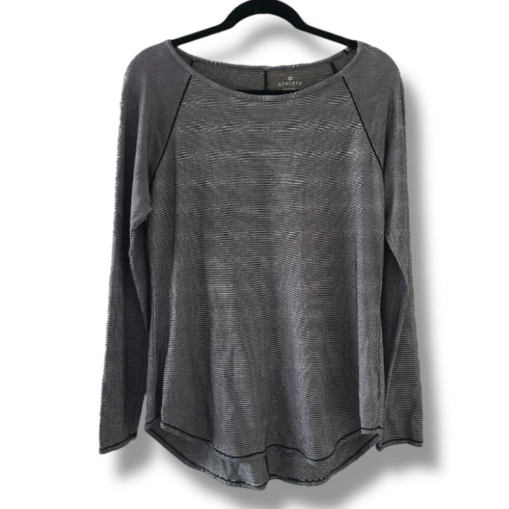 Athleta Shanti Black White Micro Stripe Long Sleeve Shirt Women's Medium Workout